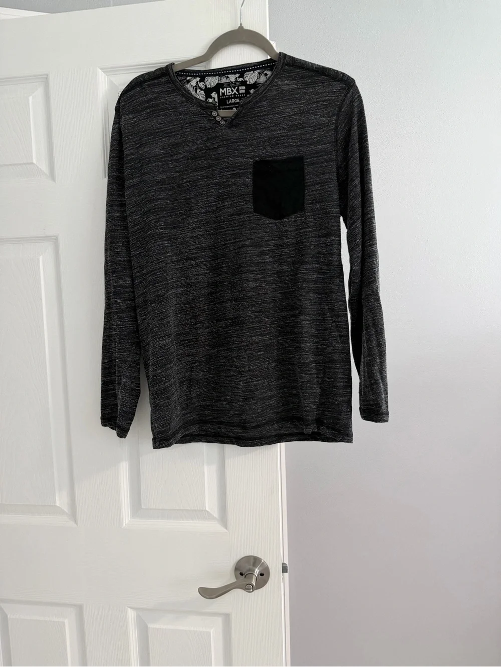 Men's V-Neck Long-Sleeve Sweater with Chest Pocket - Charcoal